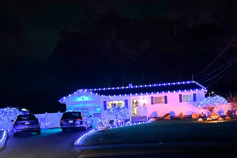 Professional holiday lighting services for residential homes and commercial properties in Long Island